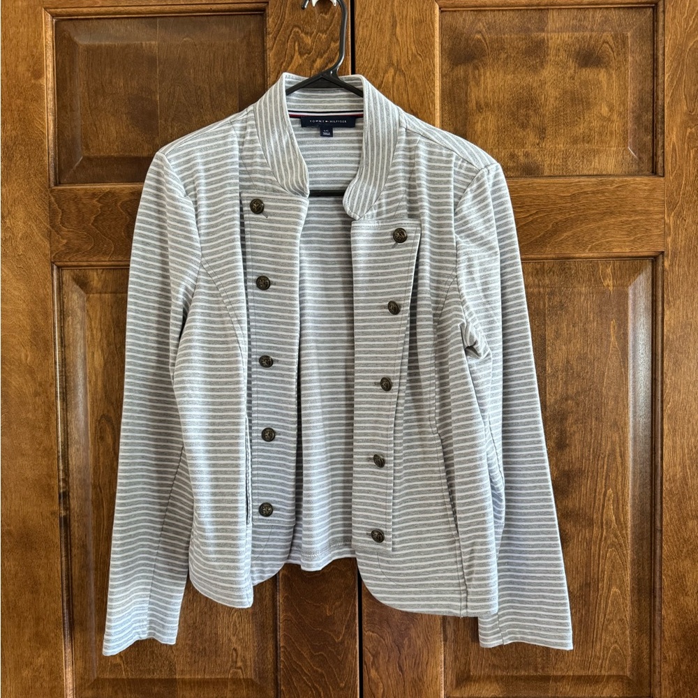 Tommy Hilfiger Gray with White Stipes Blazer - Women's Size Large